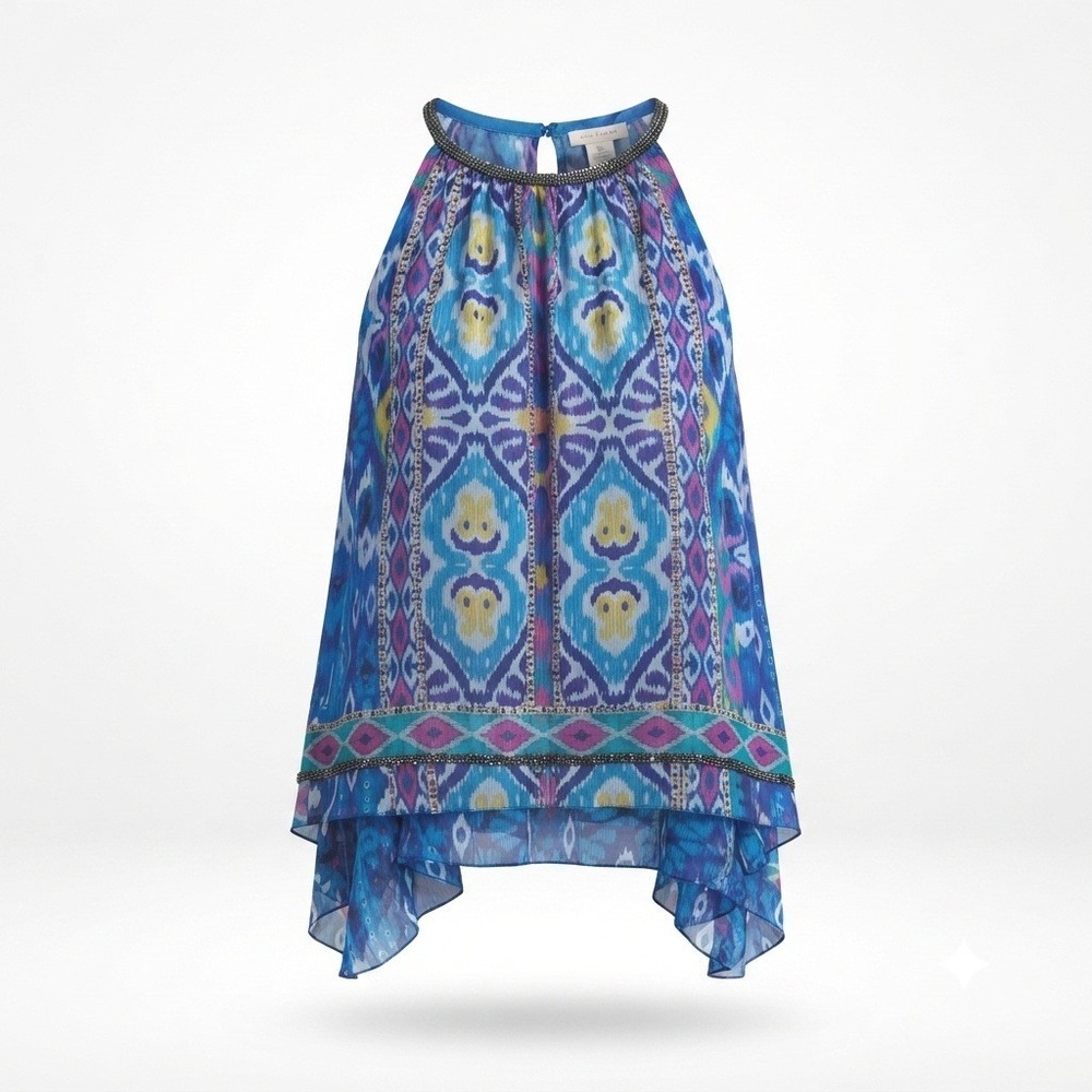 Elie Tahari Halter Top Women XL Blue Ikat Beaded Neck Sharkbite Chiffon Tank